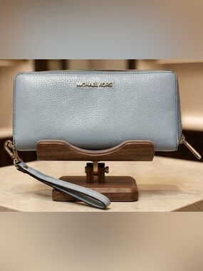 Michael Kors Light Blue Pebbled Leather Zip Wallet with Wristlet